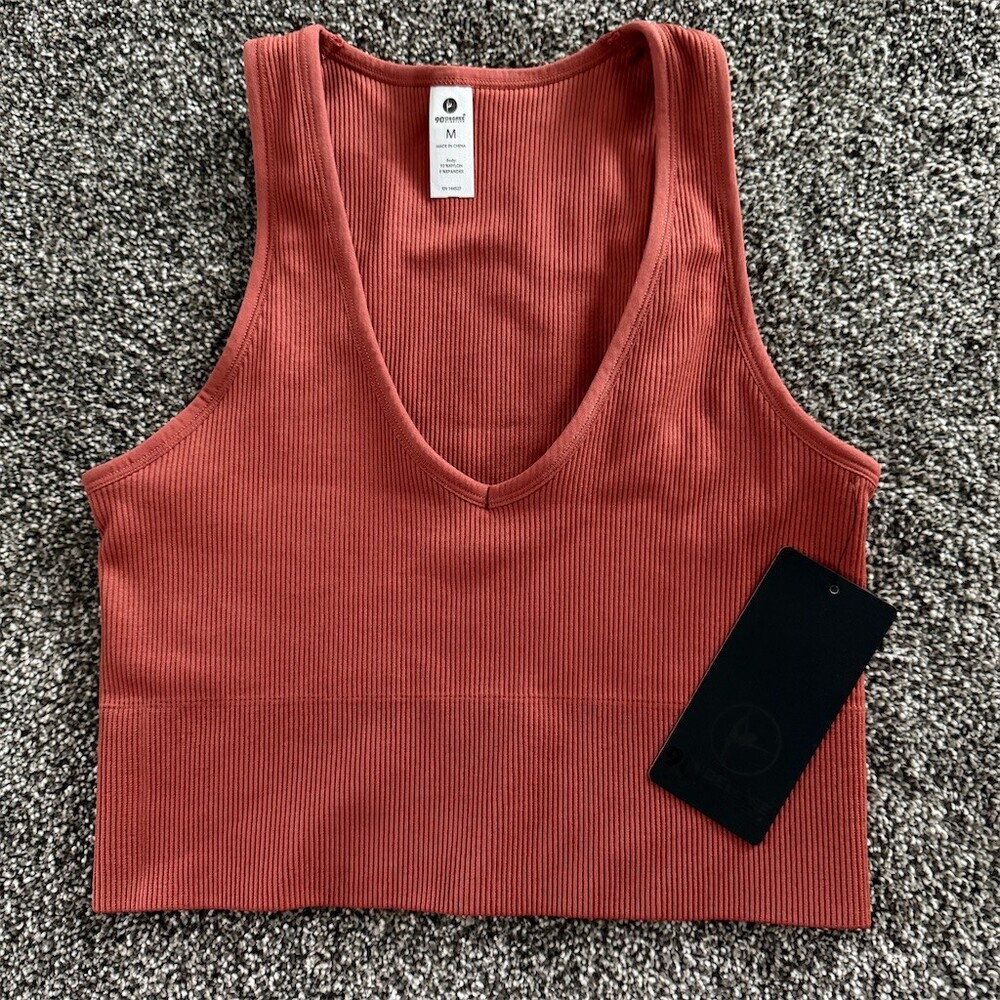 90 Degree by Reflex Tank Top Womens M Orange Ribbed Seamless V-Neck Crop